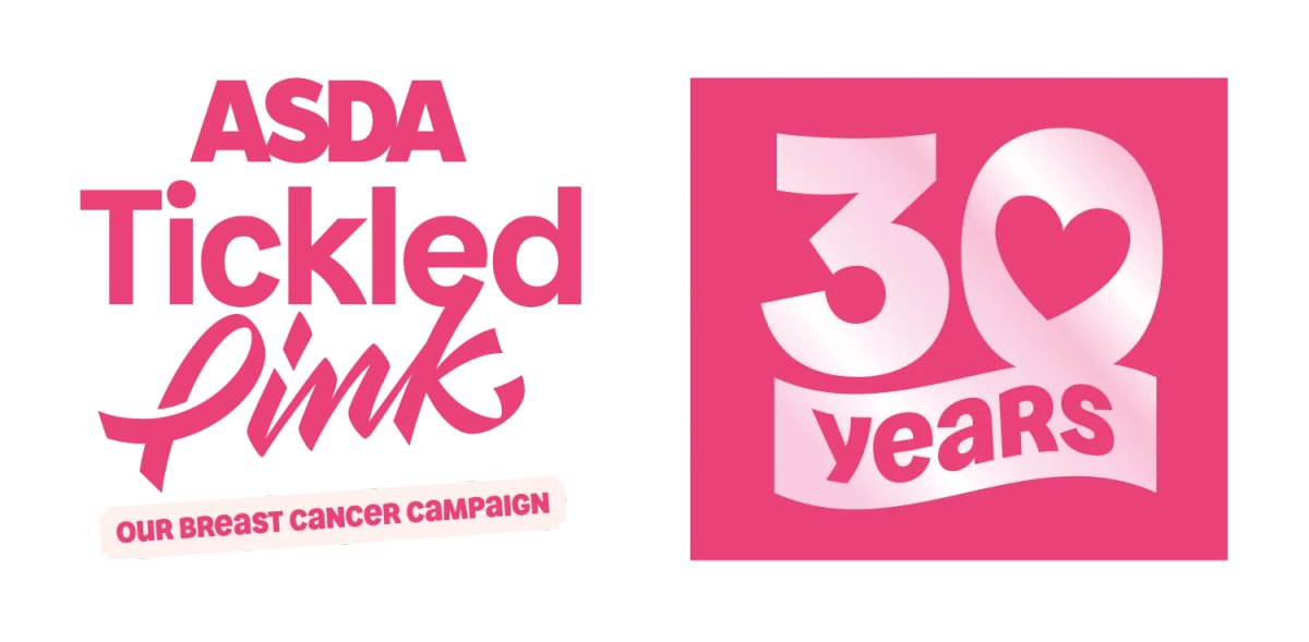 The ASDA Tickled Pink logo next to text on a pink background which reads '30 years'.