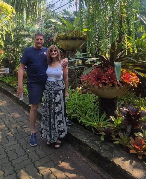 A photo of a couple in a tropical garden surrounded by different plants, shrubs and trees.