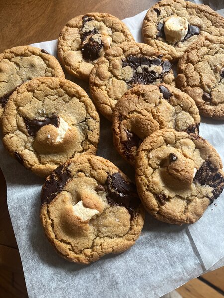 A photo of several chocolate chip cookies