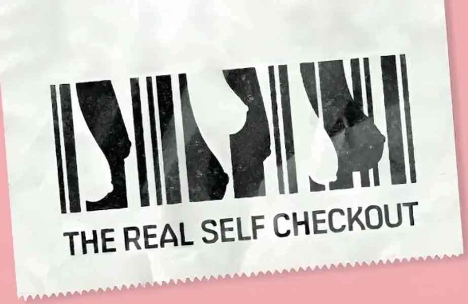Marketing image for The Real Self Checkout breast cancer awareness campaign, showing a barcode comprised of silhouetted profiles of breast among the black and white bars. Underneath is the name of the campaign.