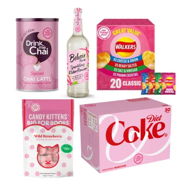 Marketing photo of a selection of products with pink-coloured packaging for Asda Tickled Pink.