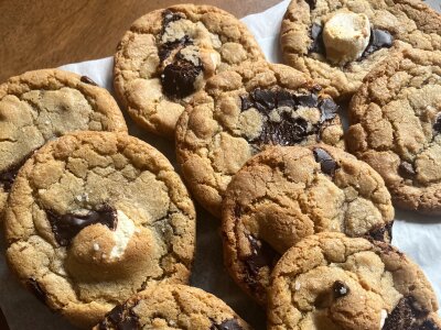 A photo of several chocolate chip cookies