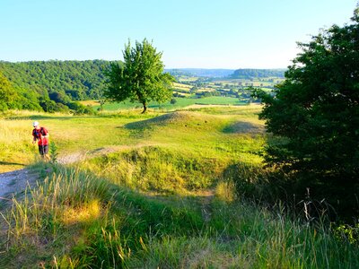 A photo of a man taking part in the North Downs 50km Challenge walking along a path in rolling countryside on a sunny day.