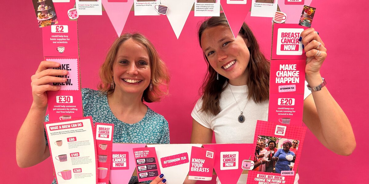 Two women with a selfie frame showing Afternoon Tea images