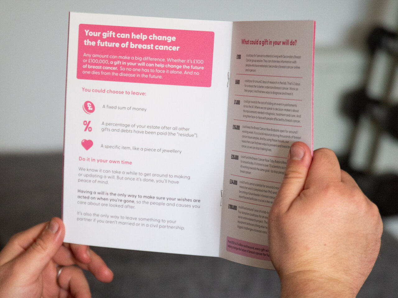A man is holding Breast Cancer Now's Gifts in Wills booklet open on a page titled 'Your gift can help change the future of breast cancer.'