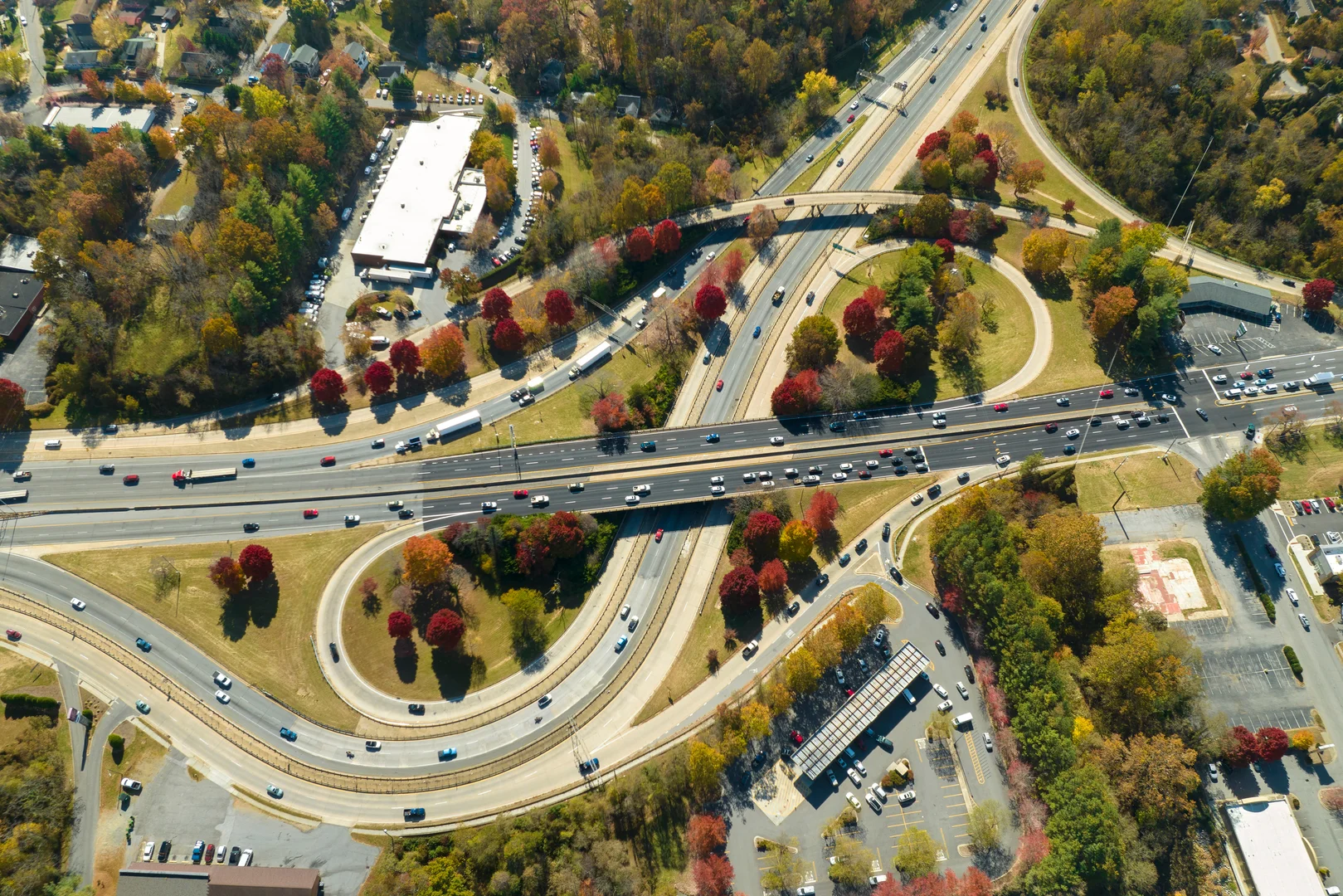  Aerial Shot of Winding Highway Roads in Fall