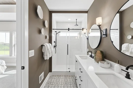 The Grove at Jackson Village Long Beach Primary Bath Farmhouse Palette 3 Level 2 Industrial Farmhouse