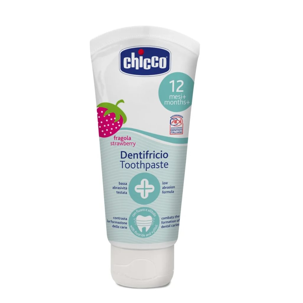 pastă de dinți chicco cu căpșuni și fluor 12+ luni - 50 ml