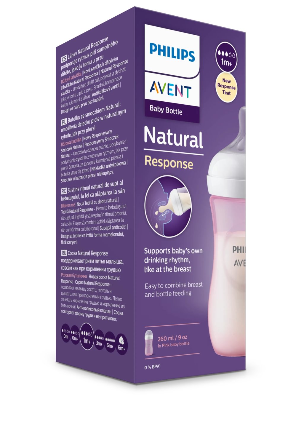 Avent Natural Response, biberon PP 1 lună+, 260ml - roz