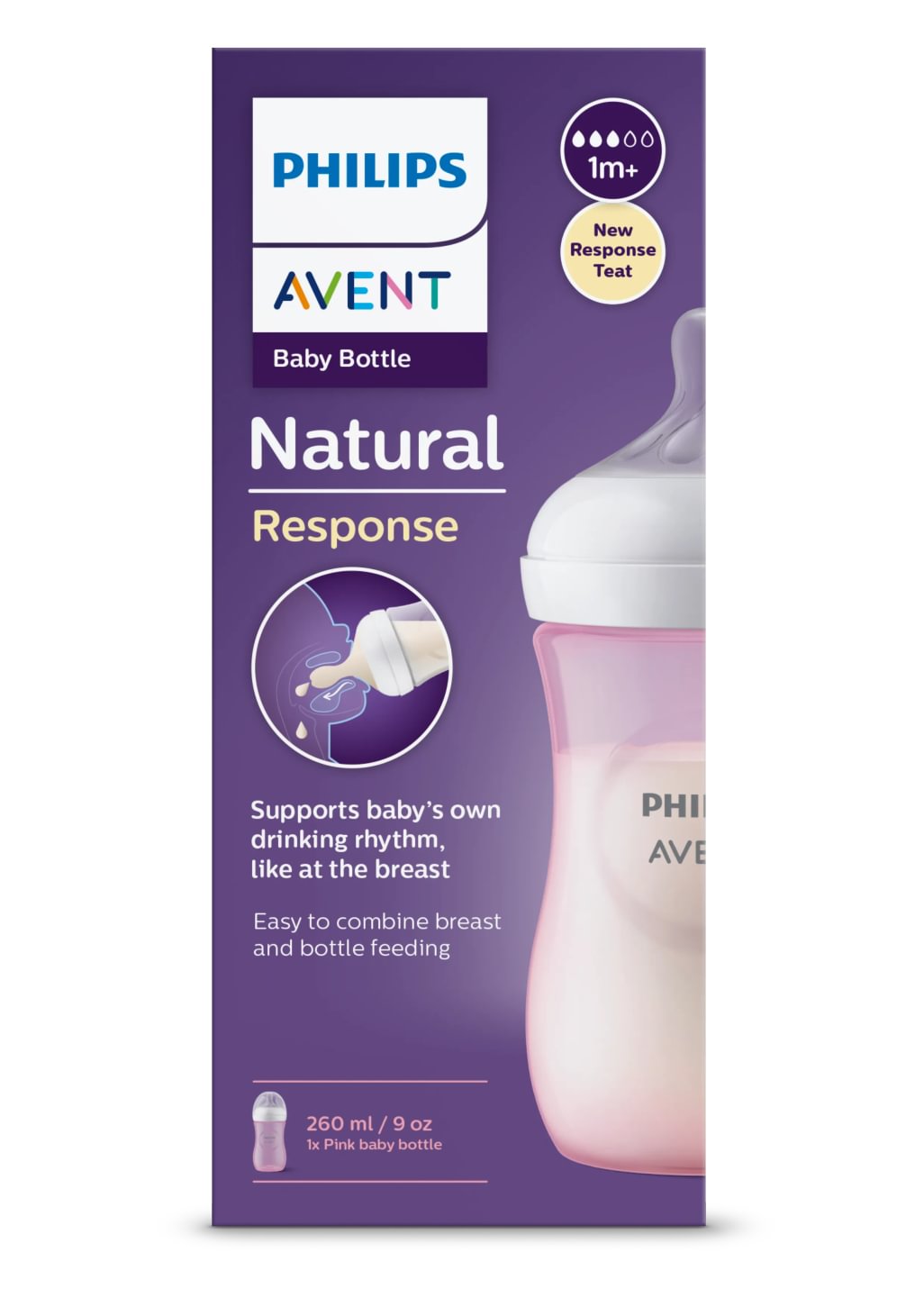 Avent Natural Response, biberon PP 1 lună+, 260ml - roz