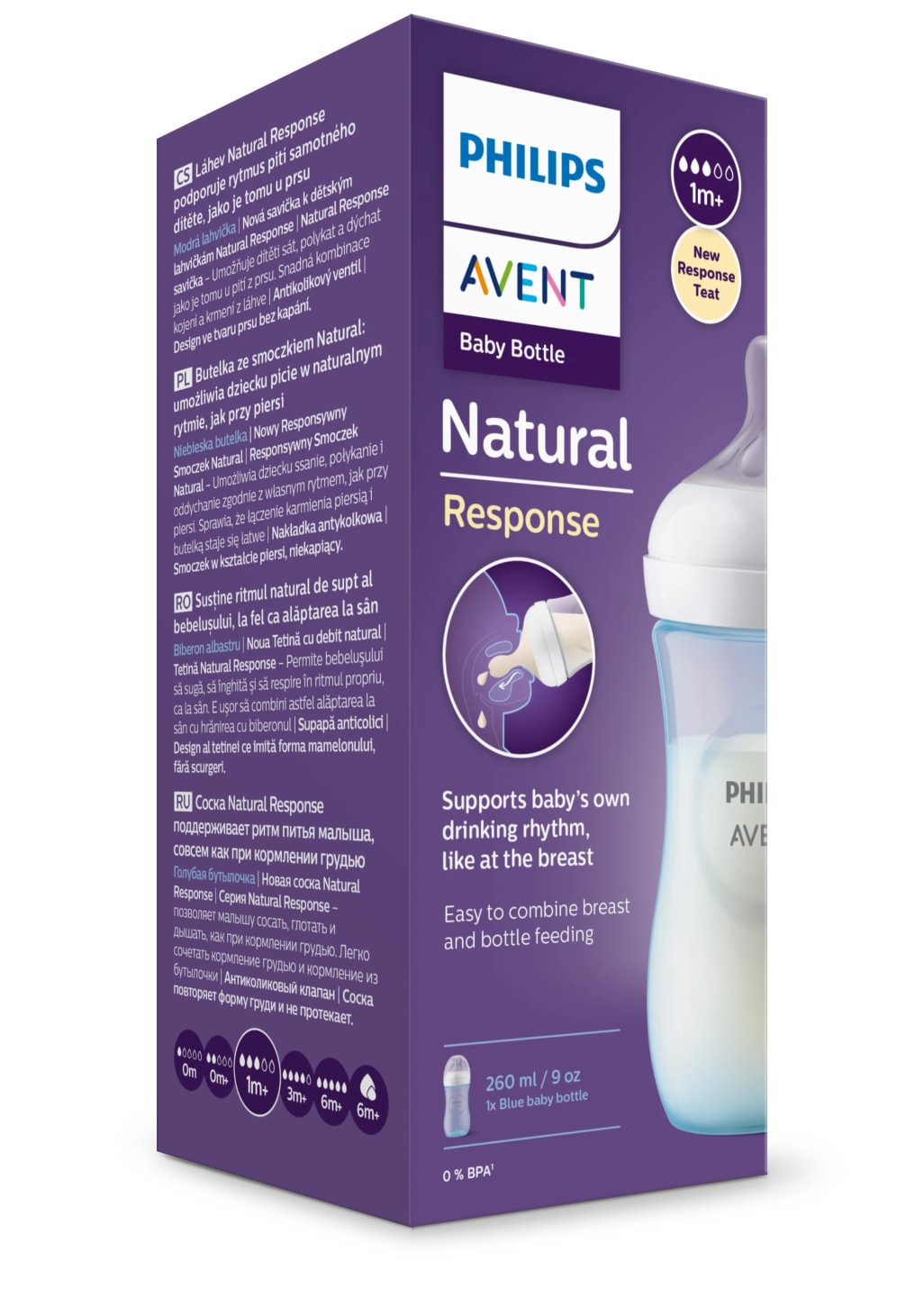 Avent Natural Response, biberon PP 1 lună+, 260ml - albastru