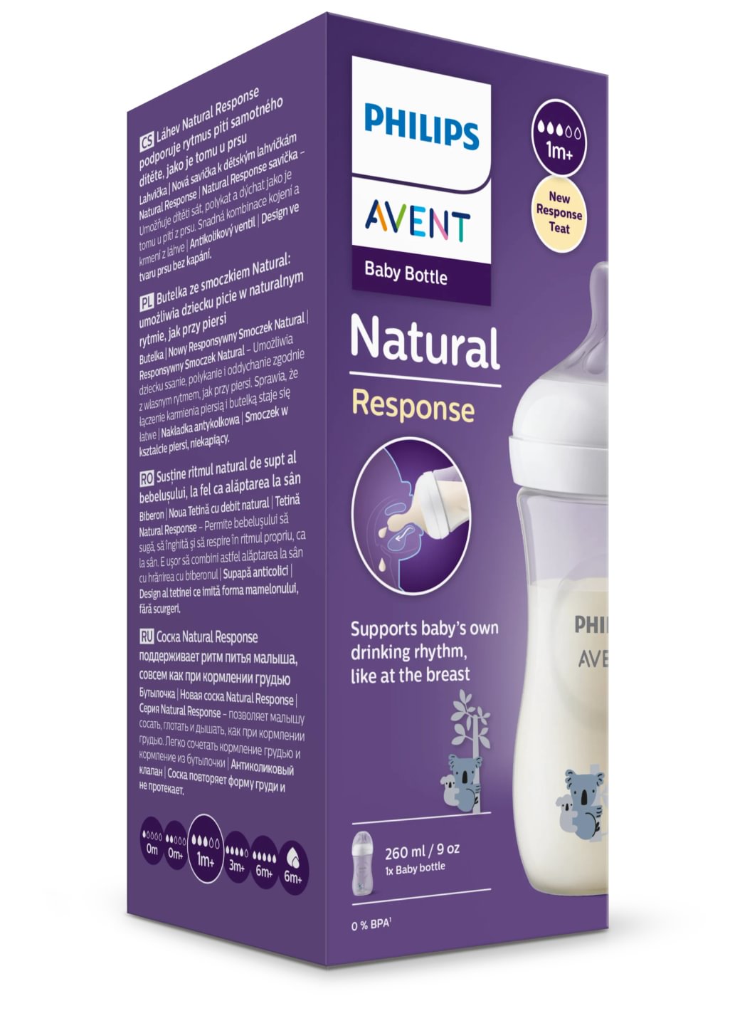 Avent Natural Response, biberon PP 1 lună+, 260ml - model koala