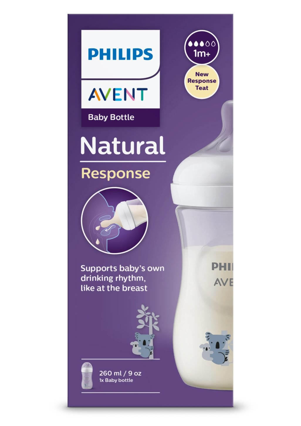 Avent Natural Response, biberon PP 1 lună+, 260ml - model koala