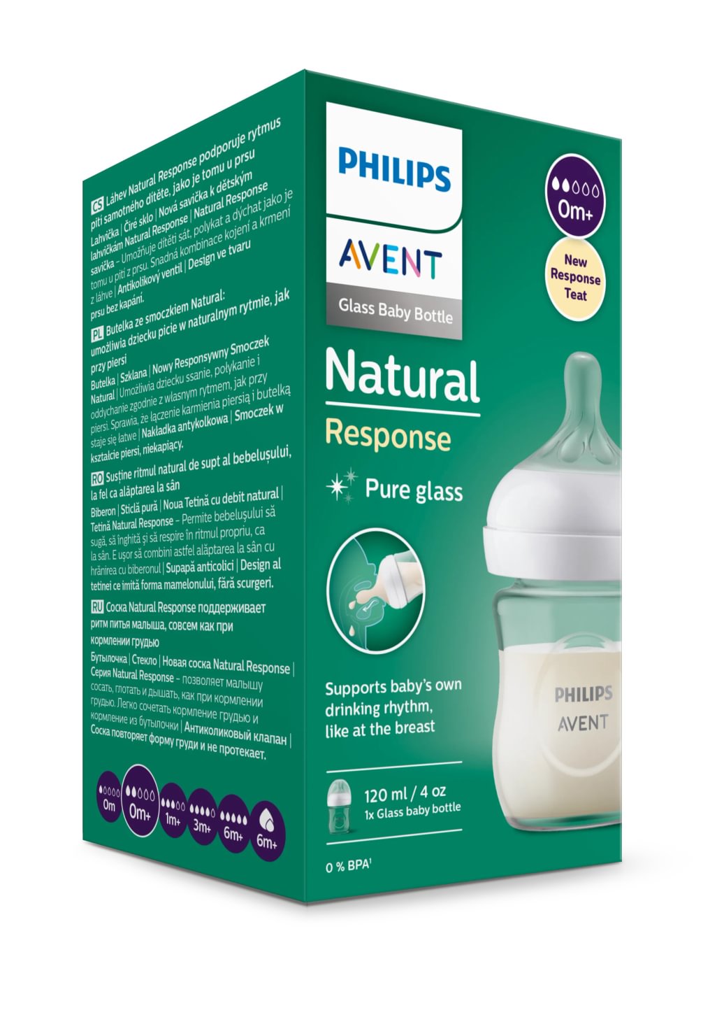 Avent Natural Response, biberon de sticlă, 120ml, tetină 0 luni+