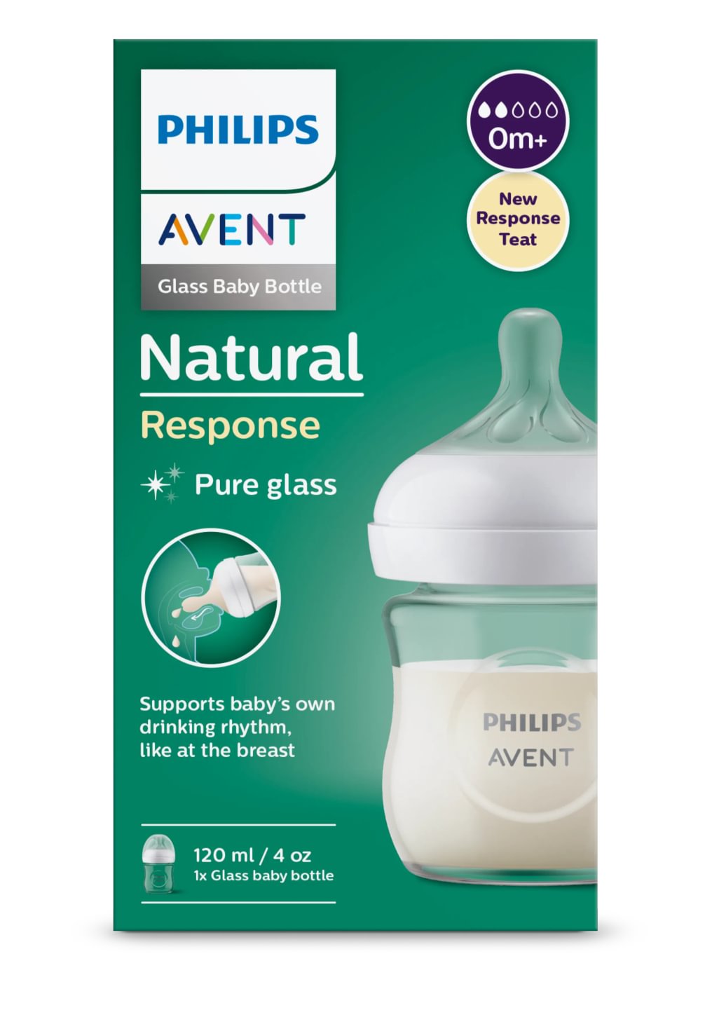 Avent Natural Response, biberon de sticlă, 120ml, tetină 0 luni+