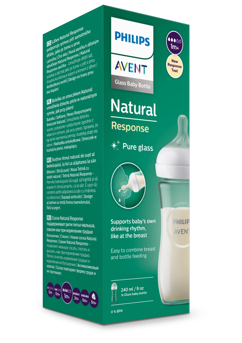 Avent Natural Response, biberon de sticlă, 240ml, tetină 1 lună+