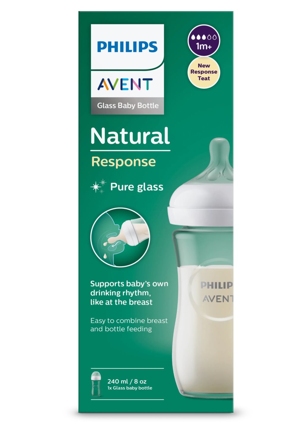 Avent Natural Response, biberon de sticlă, 240ml, tetină 1 lună+