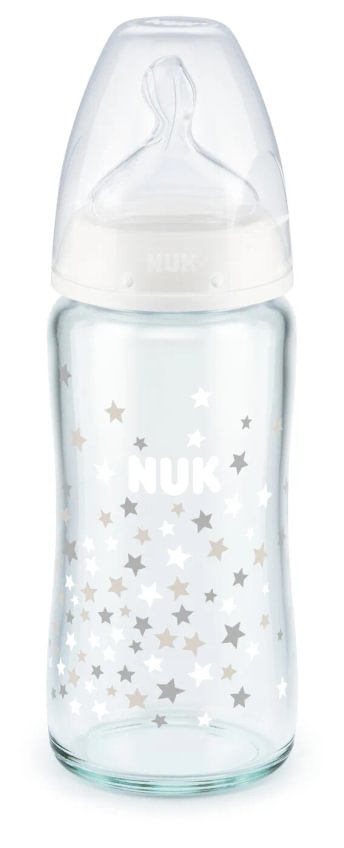 Nuk First Choice Plus Temperature Control Γυάλινο Μπιμπερό 240ml 0-6 μηνών - white stars